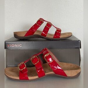 Vionic Misa Red Patent Leather Buckle Slide Sandals - Size 10